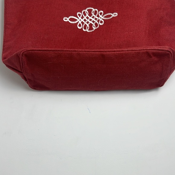 Ballard Designs Red Woven Jute Embroidered Leather Strap Zip Closure Large Tote - Picture 6 of 9